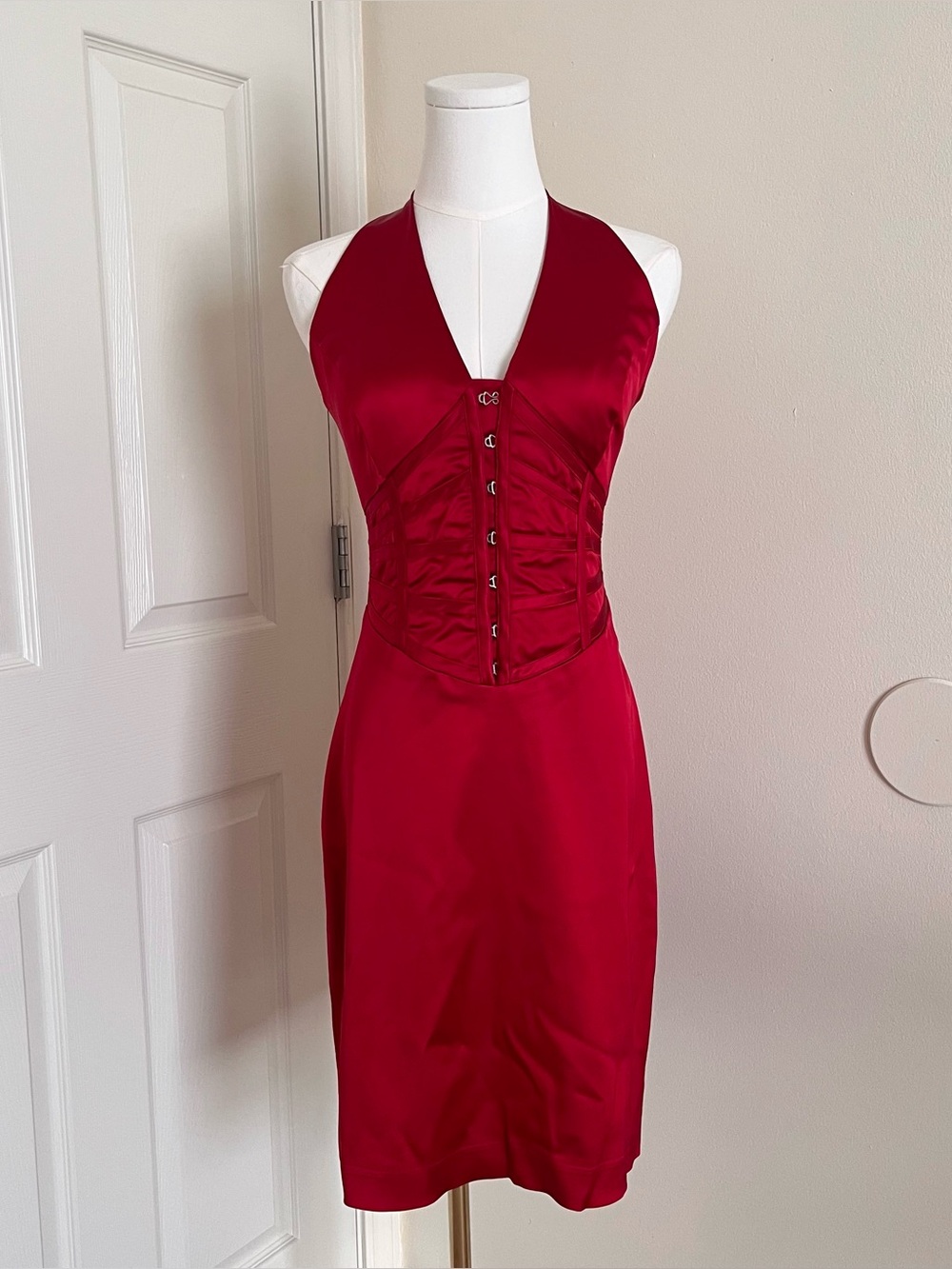 Vintage Y2K Cache Red Halter Corset Midi Dress Womens Size 2 Vampire Witchy